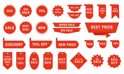 Big Vector set of promotional red labels and badges. Includes sale, discount, and special offer label collections. Vector illustration.
