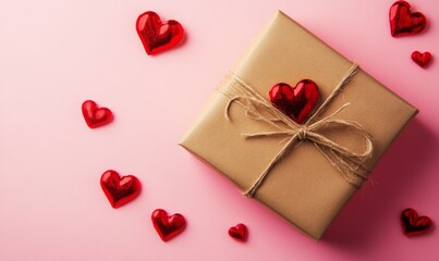 Fototapeta premium Valentine or mother day festive composition with gift or present box and red hearts on pastel pink background top view. Flat lay card.
