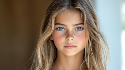 Naklejka premium A young girl with long blonde hair and blue eyes. She has a light pinkish tint to her cheeks