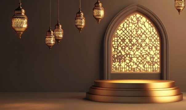 Featuring a cylindrical product podium, arched window, and golden lantern decor, this Ramadan banner template radiates sophistication and elegance.