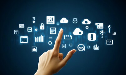 Fototapeta premium Hand touching a digital screen with icons of technology and online network connection, cloud storage, or security system on a dark blue background.