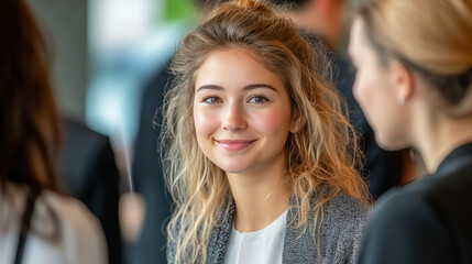 Obraz premium Young caucasian woman smiling at networking event