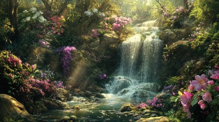 Enchanted Waterfall in a Lush Garden Paradise