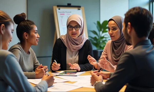 Diverse team bonding activity with Muslim woman in circle during workshop
