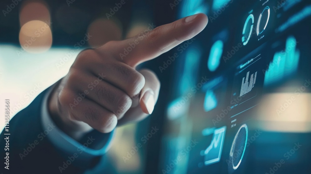 Poster a businessman pointing at a computer screen, suggesting business or technology related use
