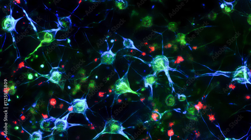 Poster fluorescent neurons network displaying synaptic activity in blue, green, and red