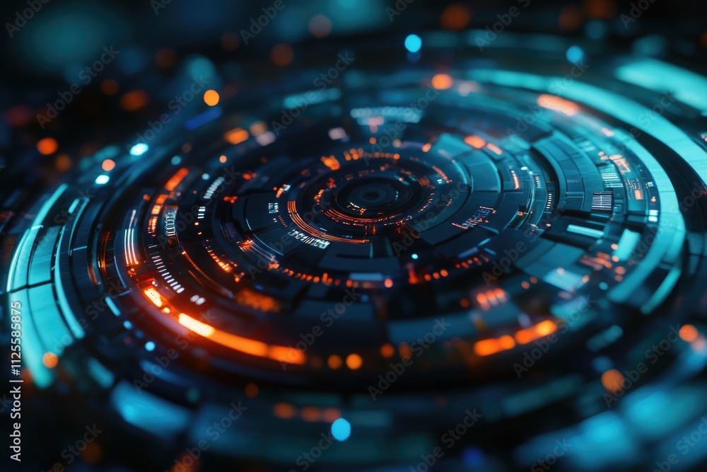 Poster a close-up view of a circular object emitting light, ideal for use in futuristic or sci-fi themed de