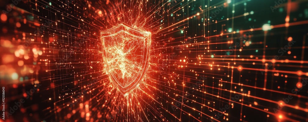 Poster firewall breach visualization, cracked shield in abstract network grid, symbolizing compromised netw