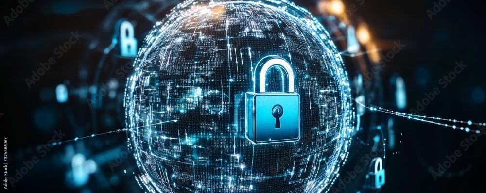 Poster holographic globe with digital locks on multiple points, symbolizing global network protection again