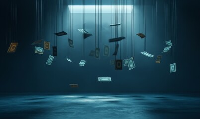 Floating currency exchange rates, minimalist modern scene, dark and blue tones,
