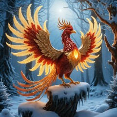Fototapeta premium The Yule Phoenix: A Mythical Christmas Guardian in an Enchanted Forest
