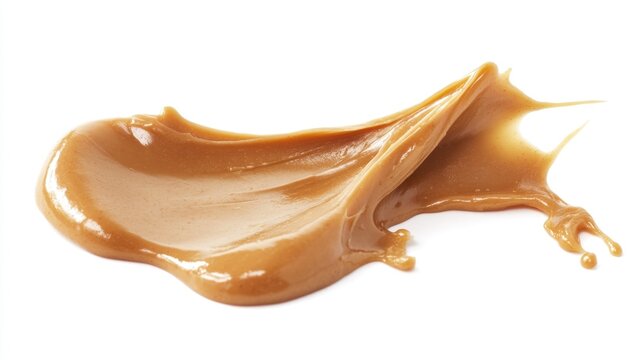 A single caramel-filled spoon sits on a clean white surface, ready for use