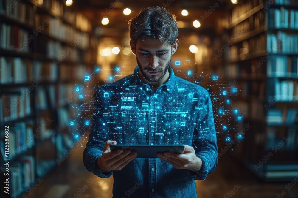 Poster a person using a tablet computer in a quiet library setting