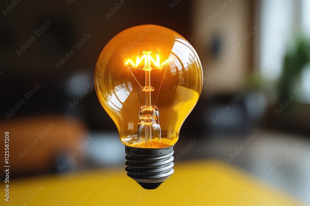 Poster a close-up view of a light bulb on a table, perfect for use in still life or product photography
