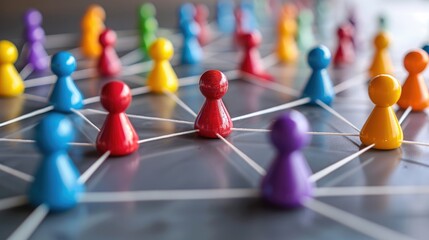 Colorful game pieces interconnected, symbolizing network, teamwork, and collaboration.