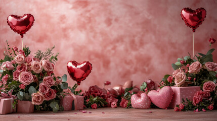 Romantic floral arrangement with heart balloons and gift boxes on pink background
