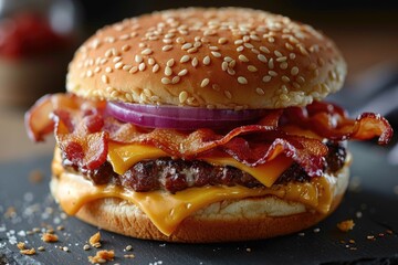 A juicy burger topped with crispy bacon, melted cheese, and caramelized onions
