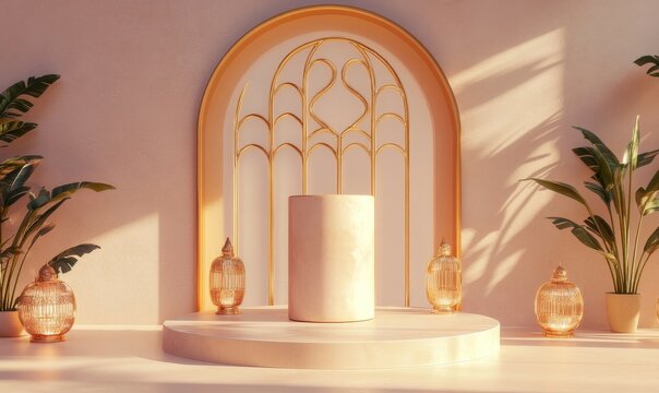 Featuring a cylindrical product podium, arched window, and golden lantern decor, this Ramadan banner template radiates sophistication and elegance.