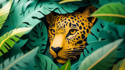 Vibrant leopard in lush junglescape with layered green foliage