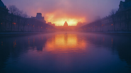 Naklejka premium Louvre at dusk: majestic sunset over calm water reflections in paris