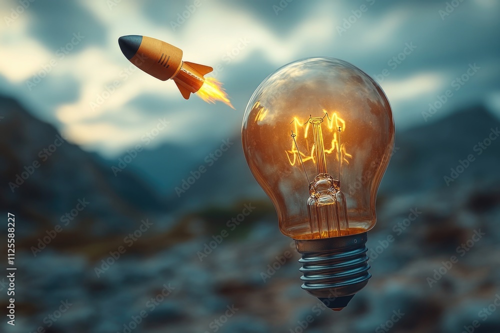Poster a light bulb with a rocket blasting off from its base, a unique and imaginative concept