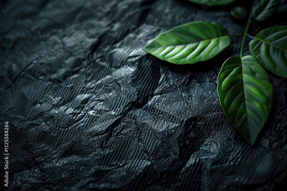 Poster A single green leaf is captured in a close-up shot on a black surface, ideal for using as a design element or adding texture to an image