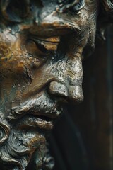 A detailed view of a male statue's face, often used in art or historical contexts