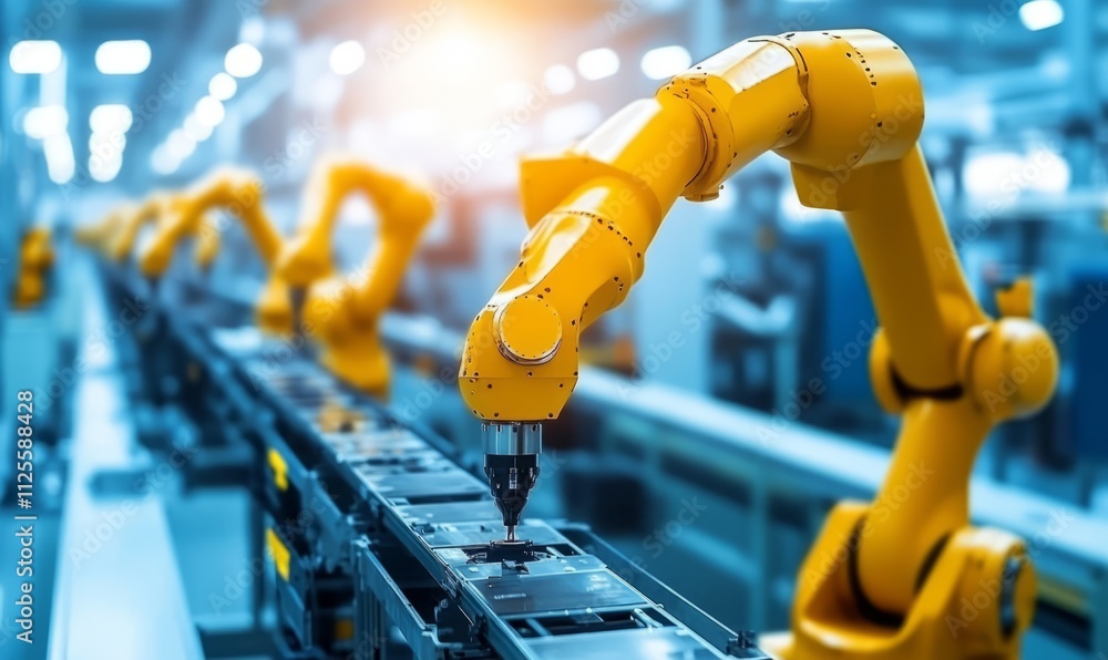 Poster robotic arms on an automated assembly line in an advanced manufacturing facility, highlighting innov