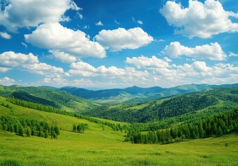 Obraz premium Serene Landscape Featuring Lush Green Hills, Majestic Mountains, Blue Sky, and Fluffy White Clouds on a Bright Sunny Day in a Picturesque Natural Setting