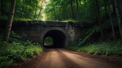 Ancient stone arch tunnel through lush forest.  Pathway leads into dark tunnel.  Overgrown foliage surrounds the stone bridge..