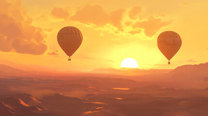 Sunset view of hot air balloons above a desert, glowing against the golden sky