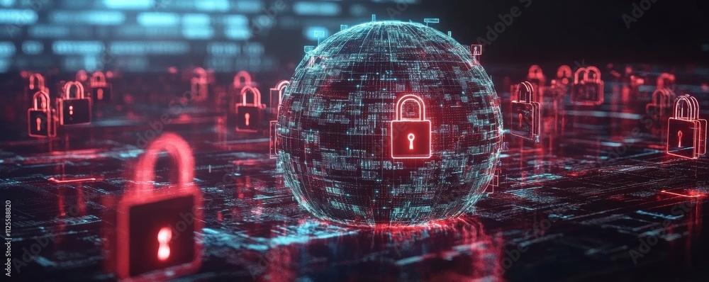 Poster holographic globe with digital locks on multiple points, symbolizing global network protection again