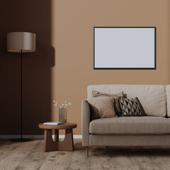 Blank horizontal  frame mock-up on brown mocha mousse color wall in living room interior, 3d render
