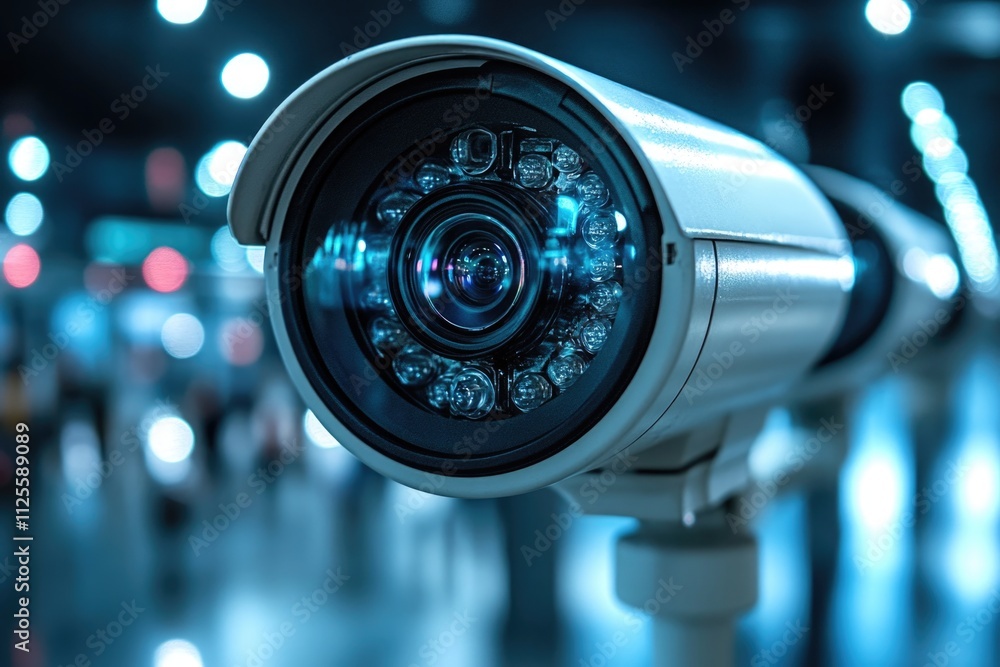 Poster a close-up view of a security camera installed in a building, suitable for use in various contexts s