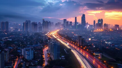 Fototapeta premium Dramatic sunset over a city skyline with highway traffic light trails.