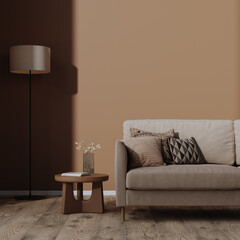 Modern living room interior mock-up, mocha mousse brown color, 3d render