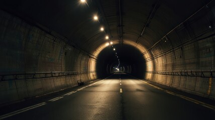 Dark, empty tunnel road, interior view.