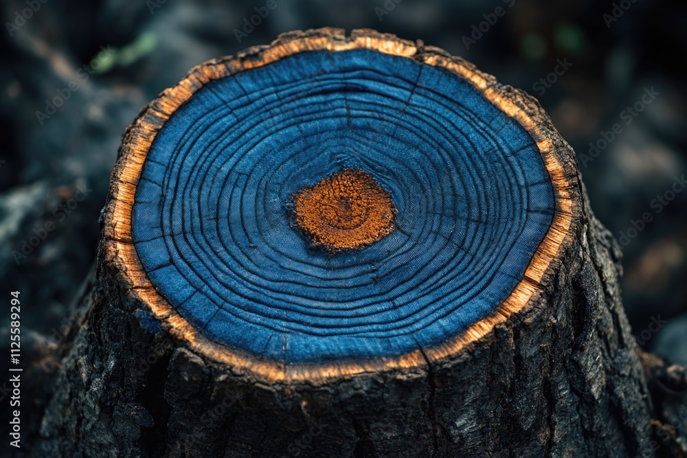 Poster a close-up shot of a wooden log with a bright blue center, suitable for use in design projects or as