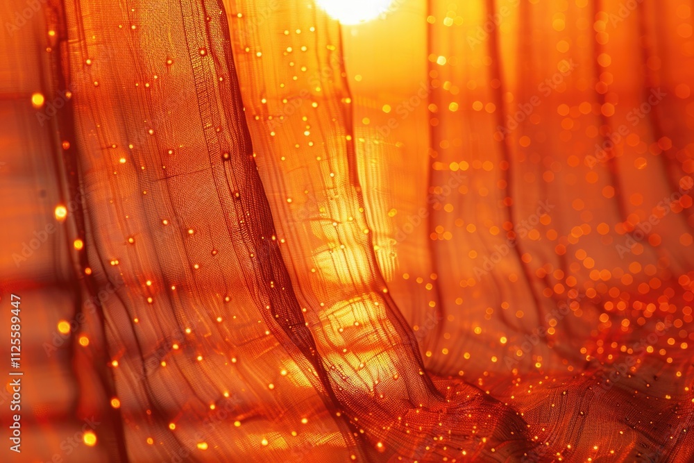 Poster Close-up shot of a curtain with sunlight in the background, suitable for use as a border or adding warmth to an interior design