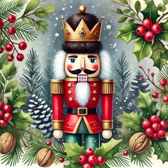 A nutcracker surrounded by holly, pinecones, and berries, set against a snowy and magical backdrop