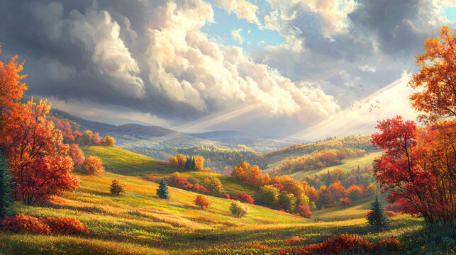 Sweeping autumn hills with colorful trees and soft rays of light breaking through the clouds