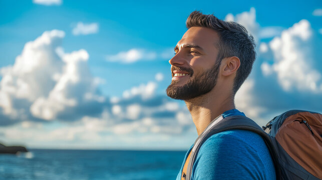 Young caucasian male adventurer enjoying a scenic beach hike under a clear blue sky - Powered by Adobe