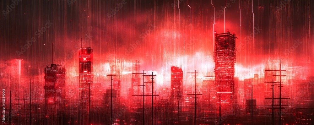 Poster Hacked server room, red warning lights and glitch effect, representing vulnerabilities in data storage systems