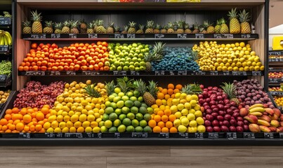 vibrant display of fresh organic fruits in supermarket, colorful assortment of apples, oranges, bananas, grapes, pineapples, lemons, healthy food shopping concept