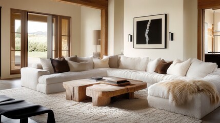 Mocha Mousse Living Room with Sectional Sofa and Warm Lighting