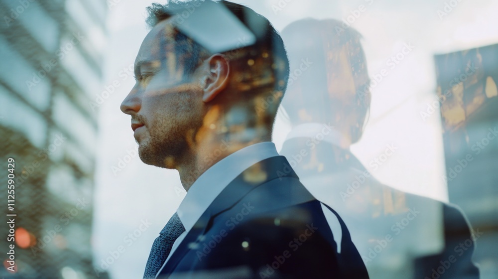 Poster a businessman standing in front of a window, likely at work or in an office