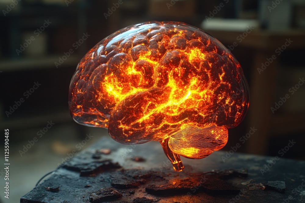 Poster a detailed model of a human brain with glowing components, suitable for use in educational or scient