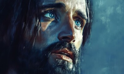 Portrait of Jesus captured in an emotive and serene moment. Christian illustration
