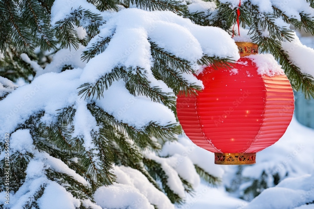 Poster a red lantern hangs from a snow-covered tree branch, adding warmth and light to the winter scene
