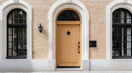 Fototapeta premium Elegant Front Door with Arched Windows and Light Brick Wall